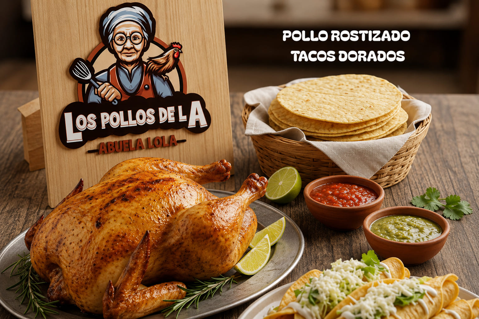 Pollo rostizado dorado y crujiente con tortillas de maíz, salsas roja y verde, y limones